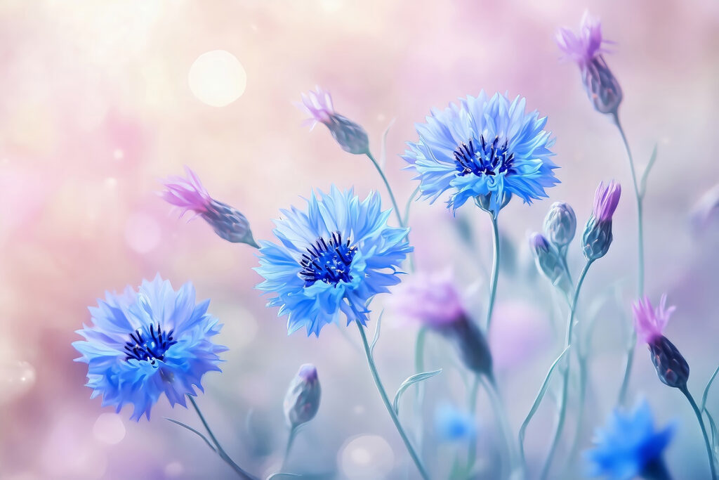 Korenbloemen in roze ochtendlicht — volledig ontwerp