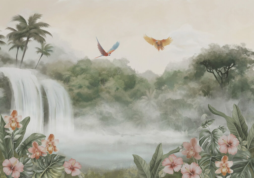 Waterval tussen tropische vogels — volledig ontwerp