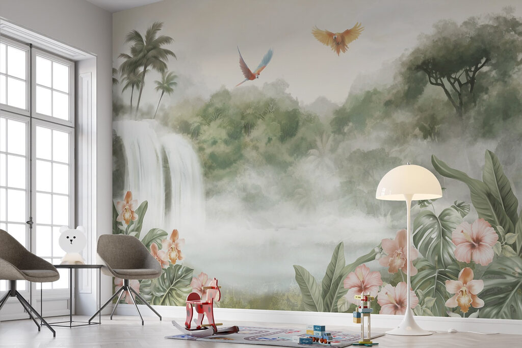Waterval met overvliegende vogels in een interieur