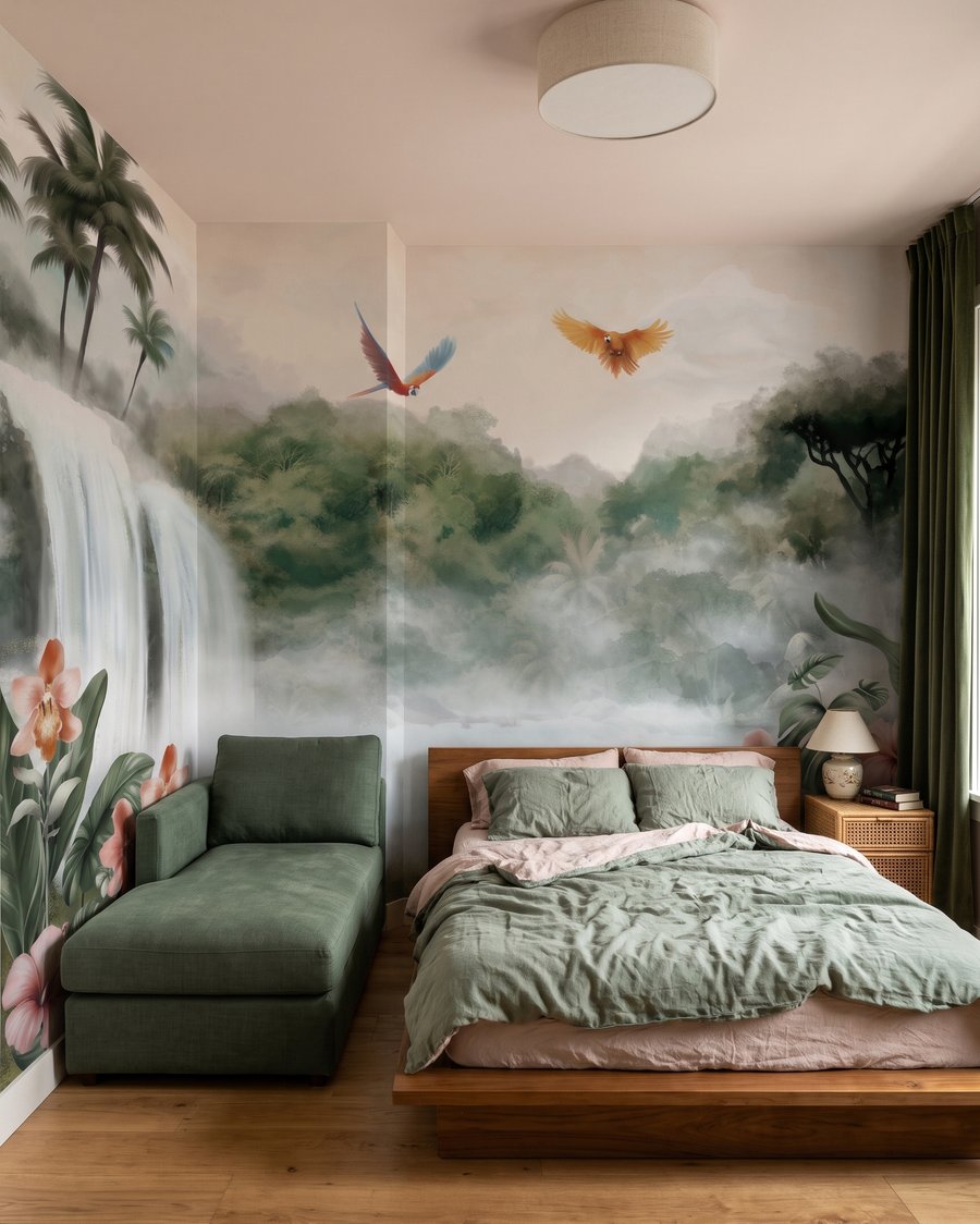 Waterval tussen tropische vogels in een interieur