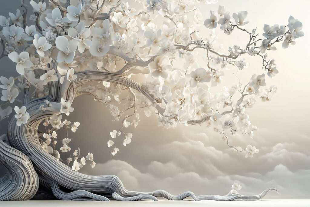 Bloesemboom boven zachte golven — volledig ontwerp