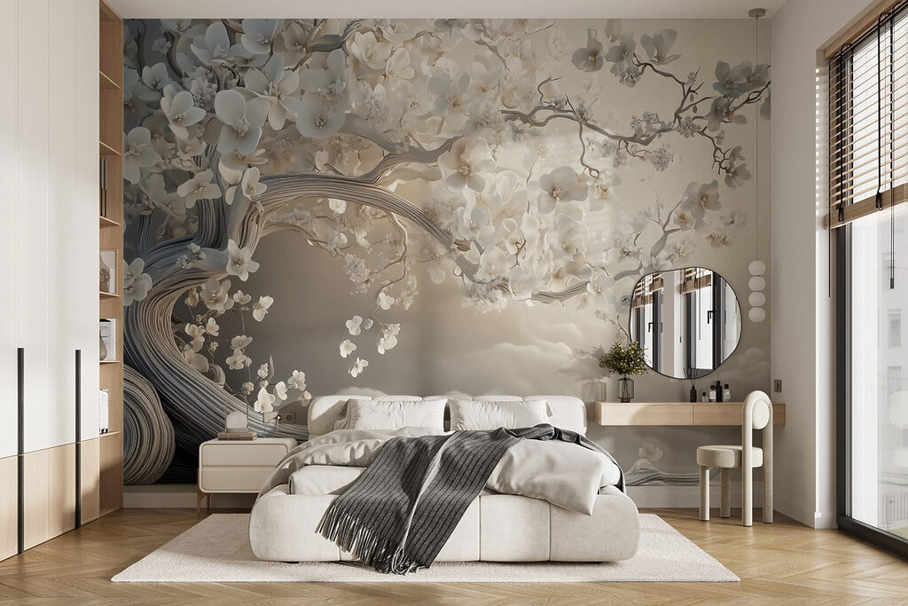 Witte boom met witte bloemen in een interieur