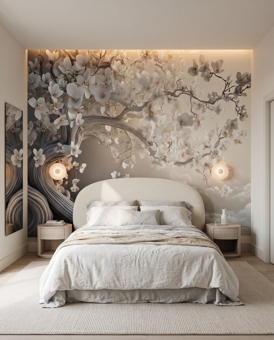 Bloesemboom boven zachte golven in een interieur
