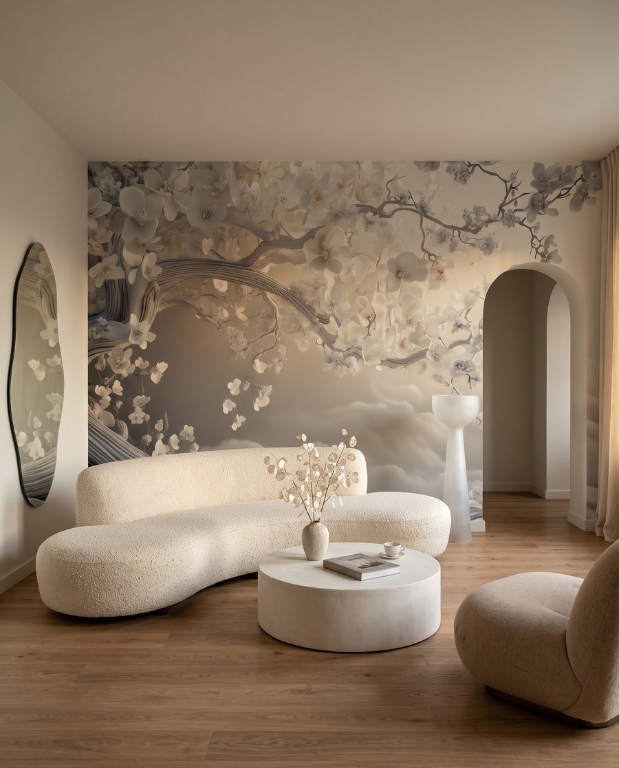 Bloesemboom boven zachte golven in een interieur