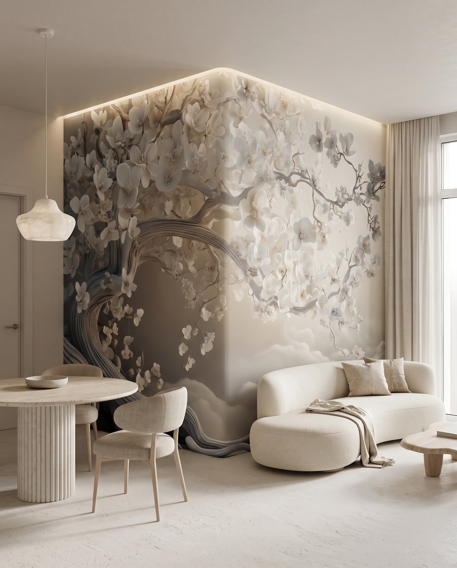 Bloesemboom boven zachte golven in een interieur