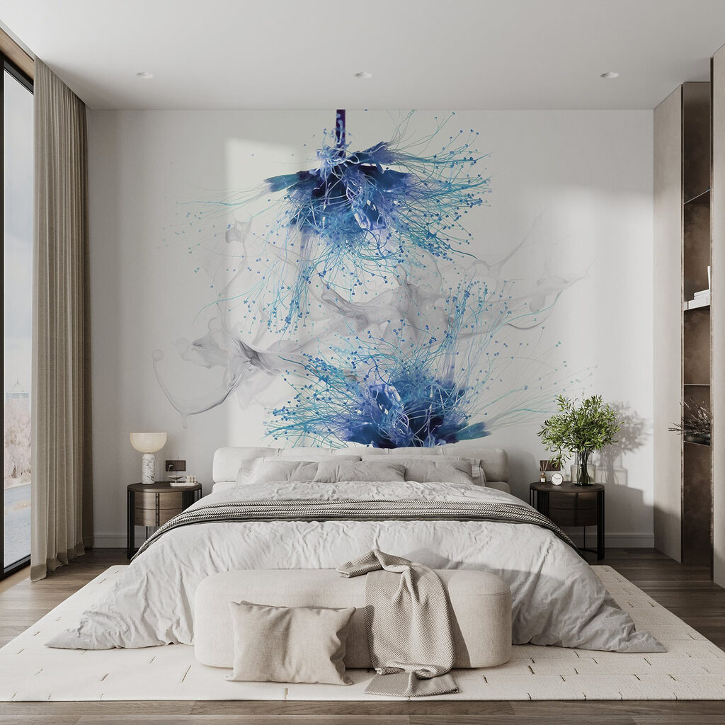 Blauwe bloemen met witte inkt in de lucht — interieur 1