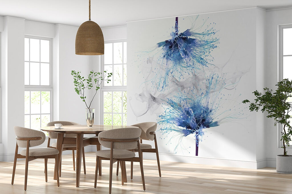 Blauwe bloemen met witte inkt in de lucht — interieur 2