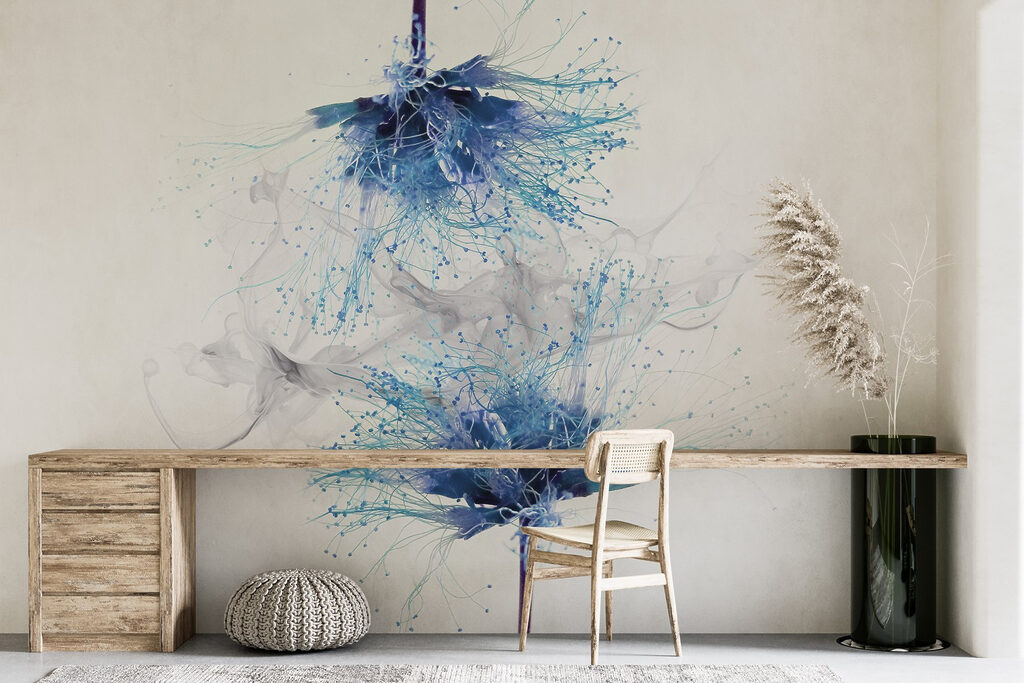 Blauwe bloemen met witte inkt in de lucht — interieur 3