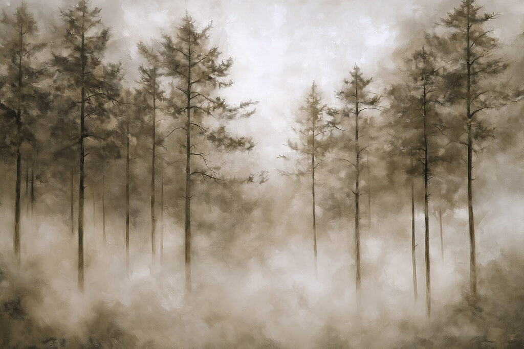Mistig bos met bomen — volledig ontwerp