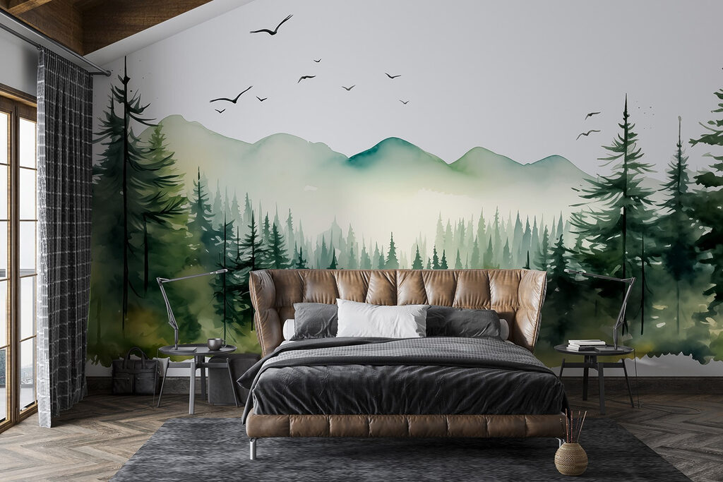 Aquarel van een bos en bergen in een interieur
