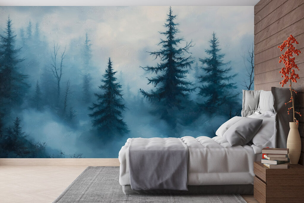 Donkere dennen boven boswolken — interieur 1
