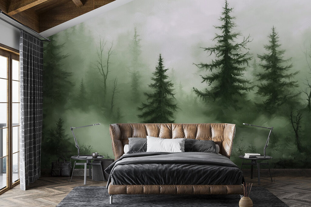 Mistig bos met bomen in een interieur