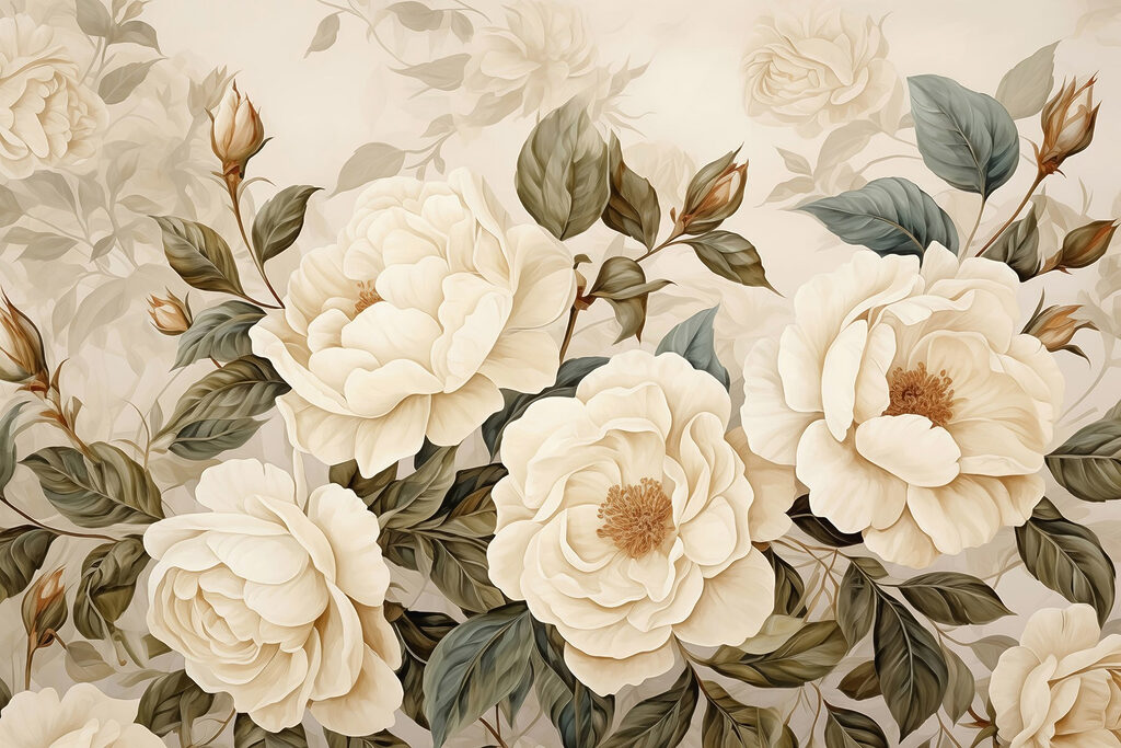 Roomwitte rozen als bloemenprent — volledig ontwerp