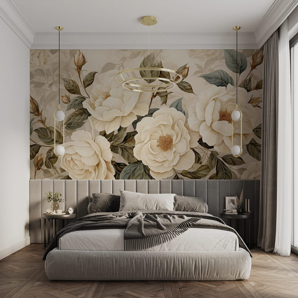 Roomwitte rozen als bloemenprent — interieur 1