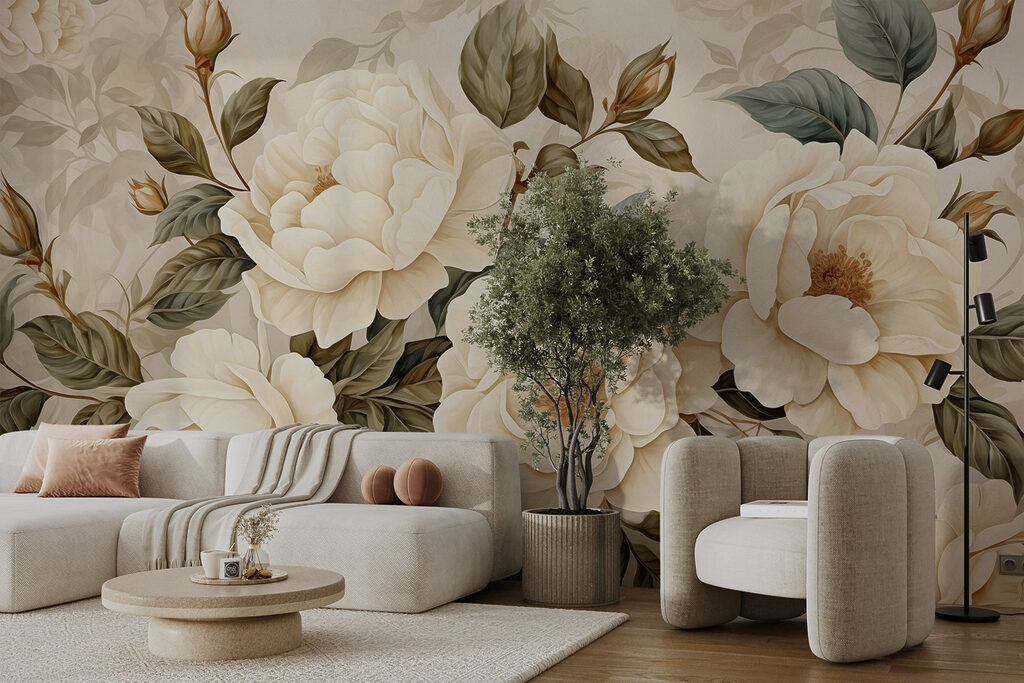 Roomwitte rozen als bloemenprent — interieur 2