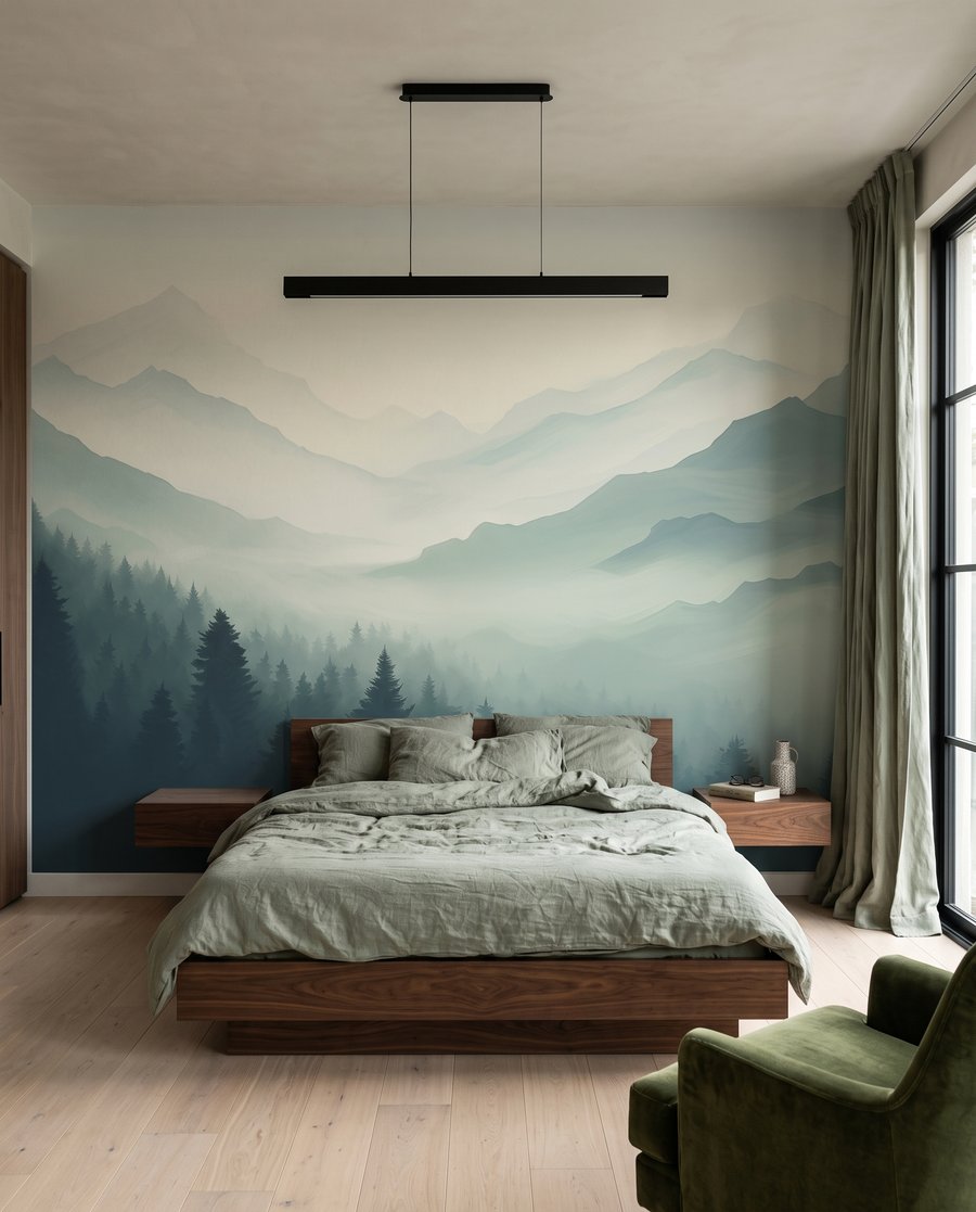 Dennen tussen bergschaduwen in een interieur