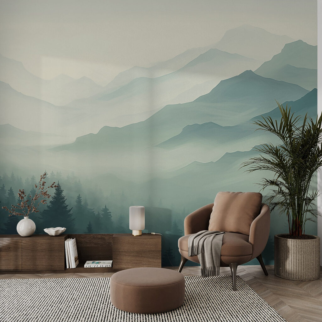 Mistig berglandschap met bomen in een interieur