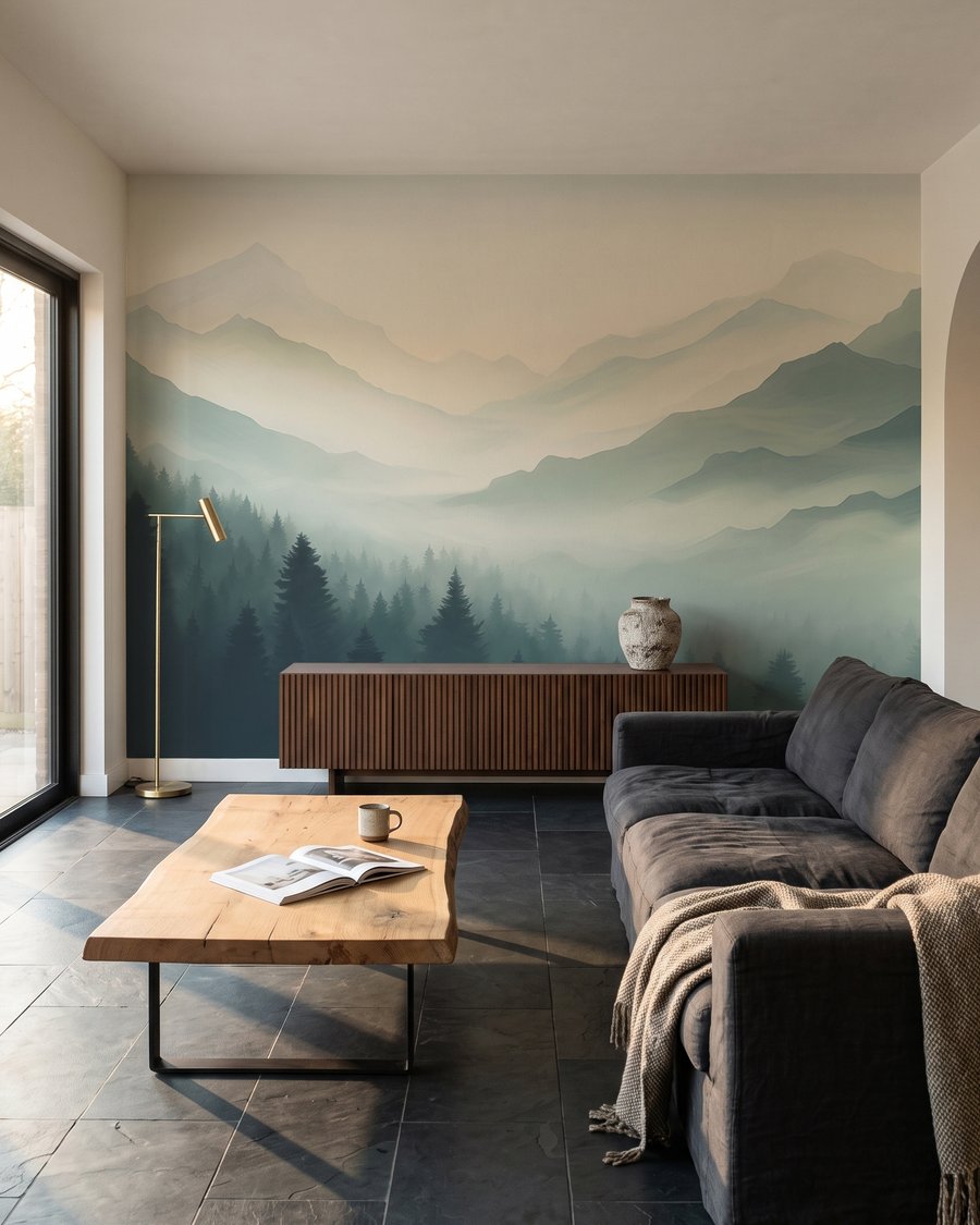 Dennen tussen bergschaduwen in een interieur