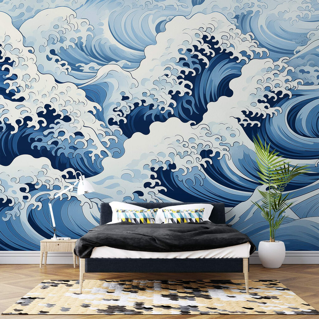 Blauw en wit golfpatroon in een interieur