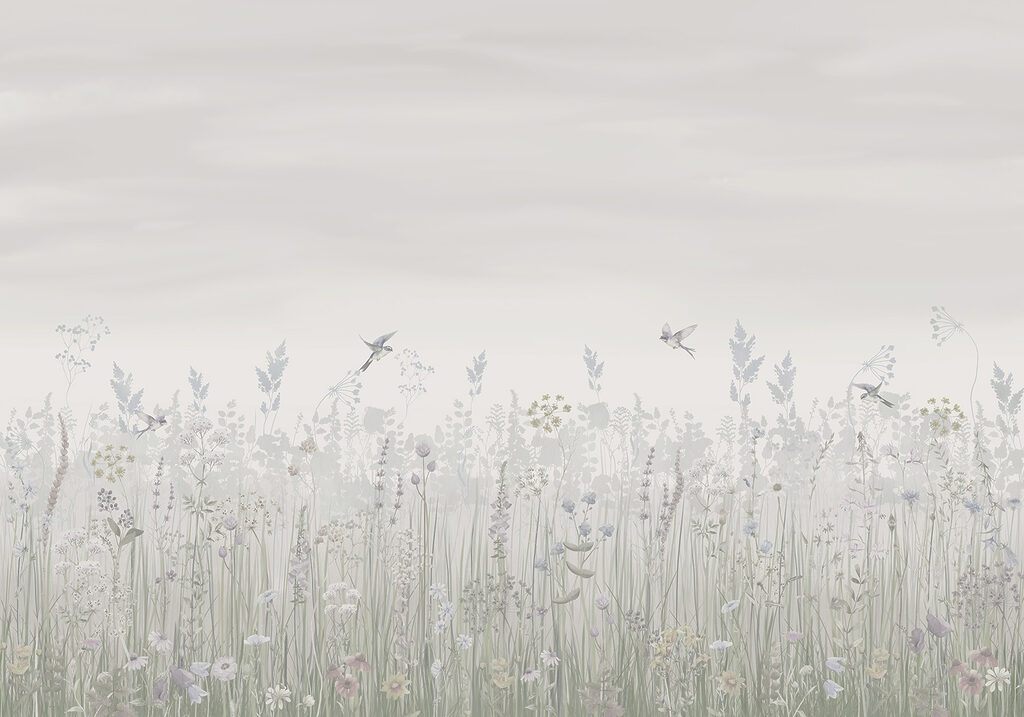 Vogeltjes boven grijze weide — volledig ontwerp