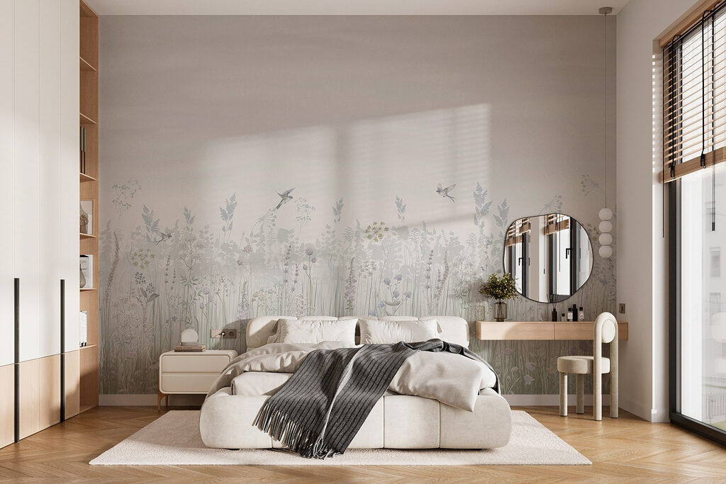Vogeltjes boven grijze weide — interieur 1