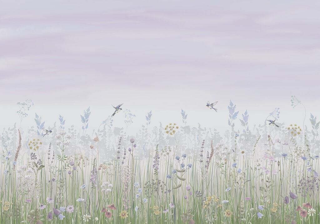 Bloemenweide onder lila lucht — volledig ontwerp