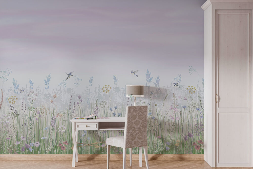 Bloemen- en vogelveld in een interieur