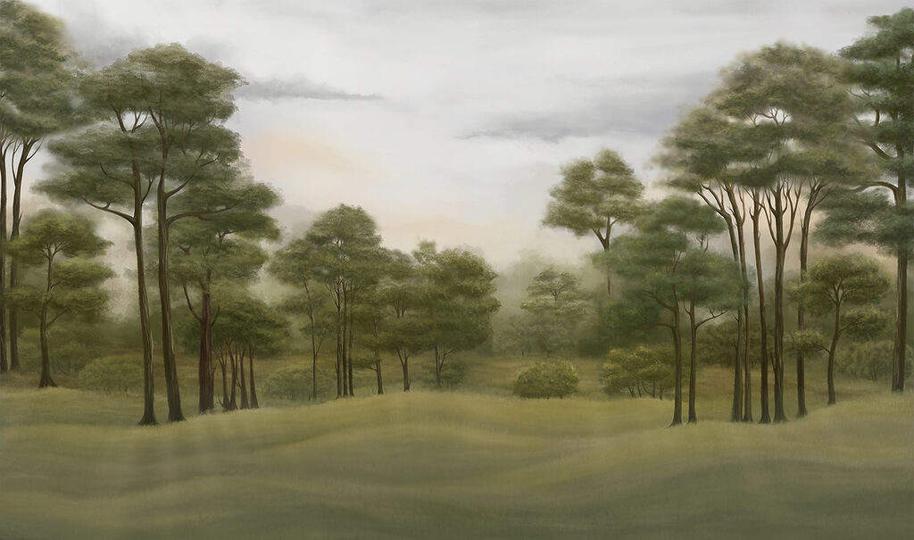 Groene dennen, glooiend land — volledig ontwerp