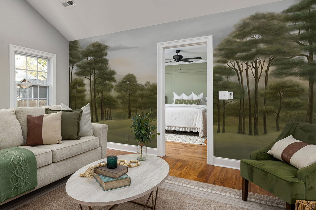 Groene dennen, glooiend land — interieur 2