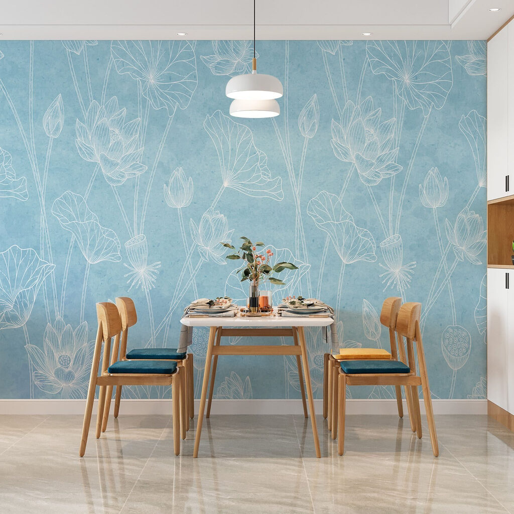Witte bloemlijnen op ijsblauw — interieur 3