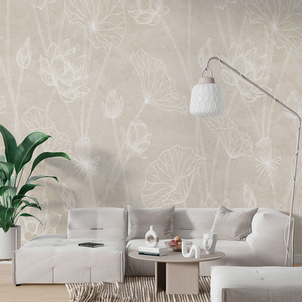 Witte lijntekening van bloemen in een interieur