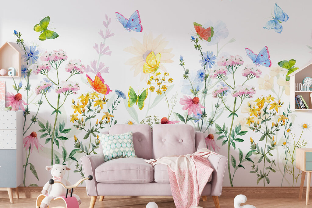Vlinders boven vrolijke veldbloemen — interieur 3