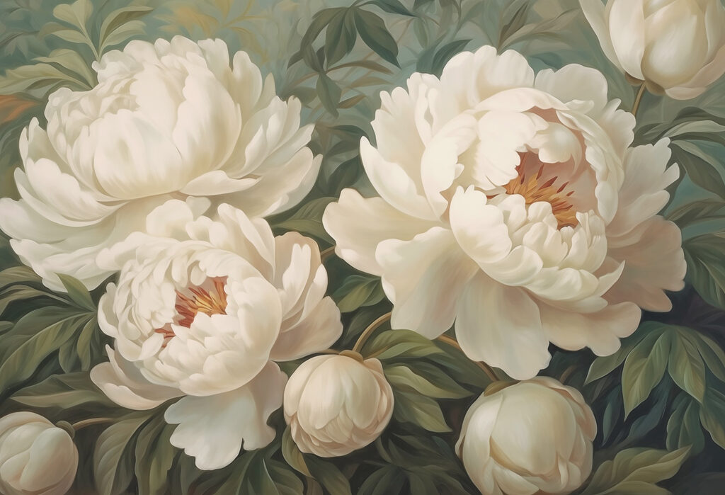 Roomwitte bloemen op grijsgroen — volledig ontwerp