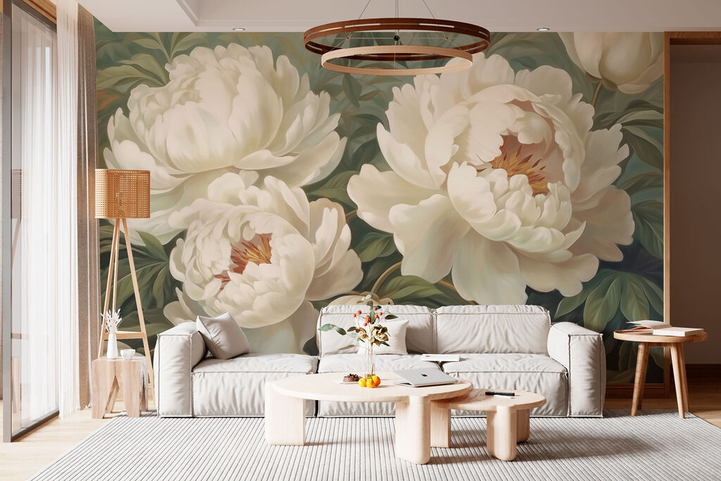 Roomwitte bloemen op grijsgroen — interieur 2