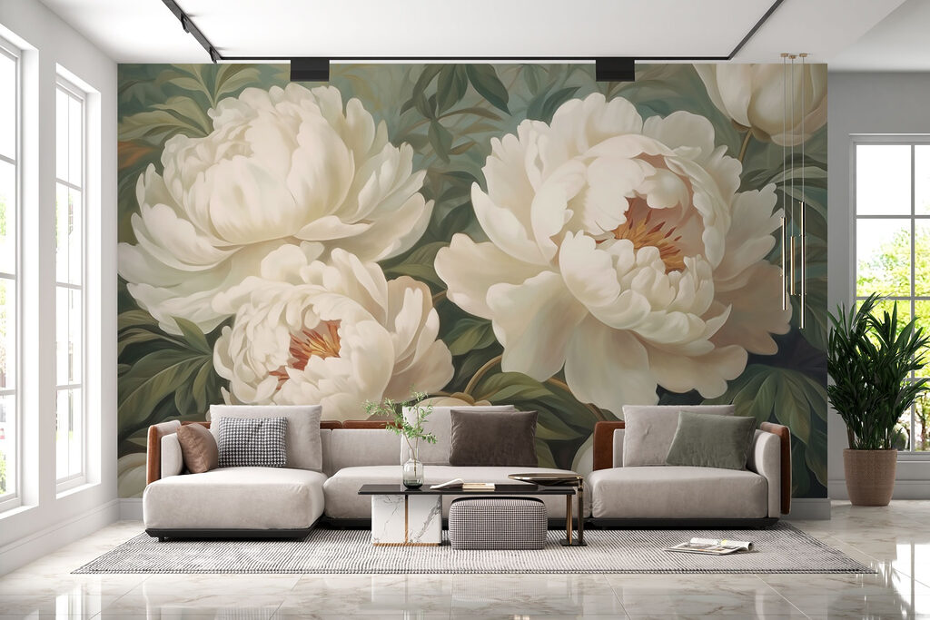 Roomwitte bloemen op grijsgroen — interieur 3