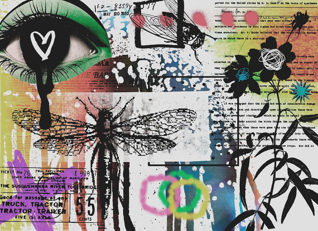 Collage van kunst met libellen en bloemen — volledig ontwerp