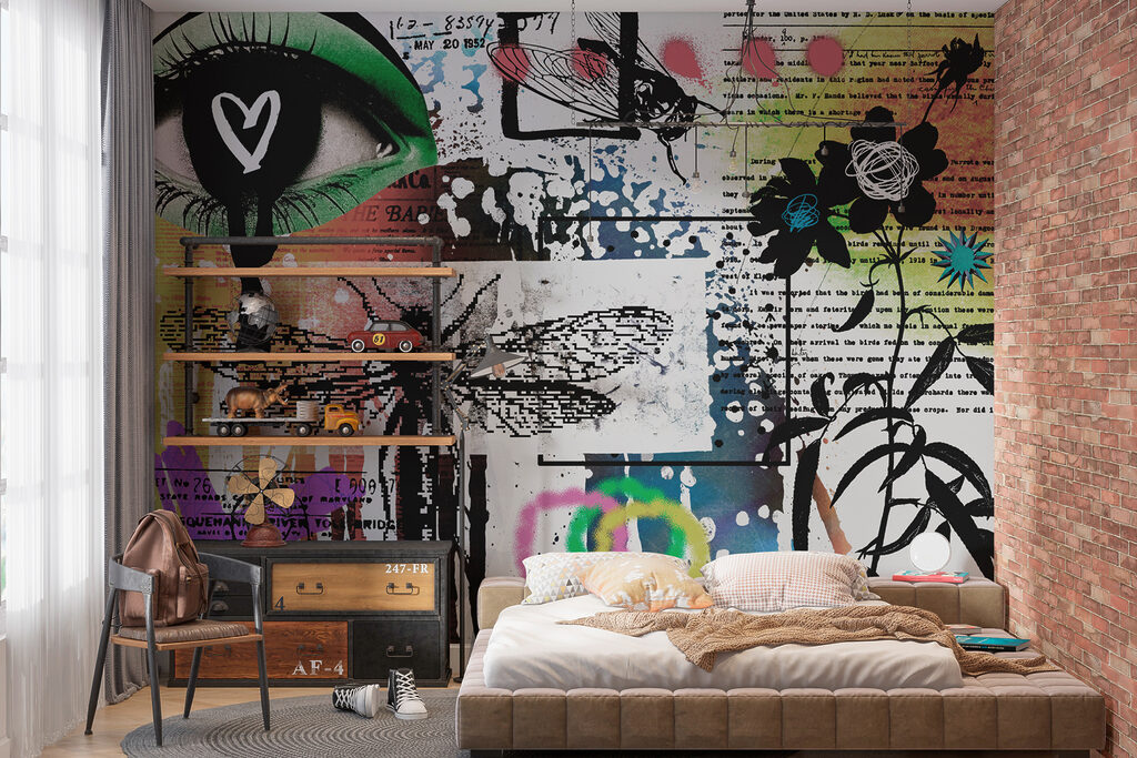 Collage van kunst met libellen en bloemen in een interieur