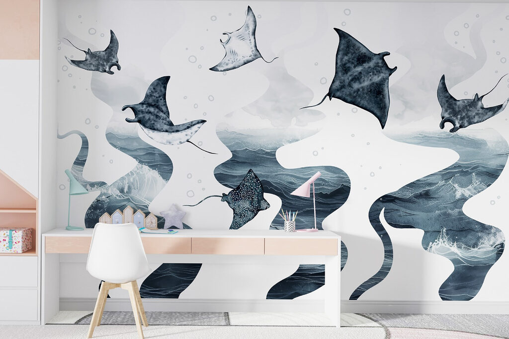 Groep roggen in het water in een interieur