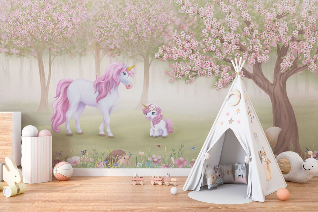 Eenhoorns onder roze bloesem — interieur 2