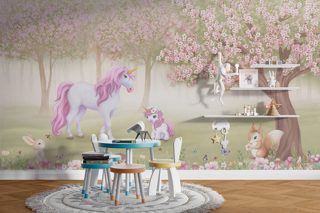 Eenhoorns onder roze bloesem — interieur 3