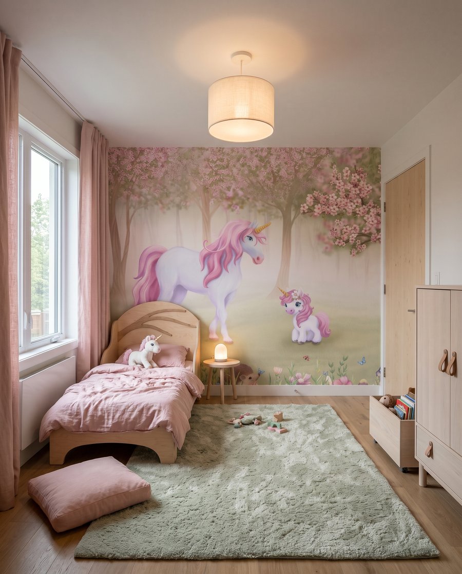 Eenhoorns onder roze bloesem in een interieur