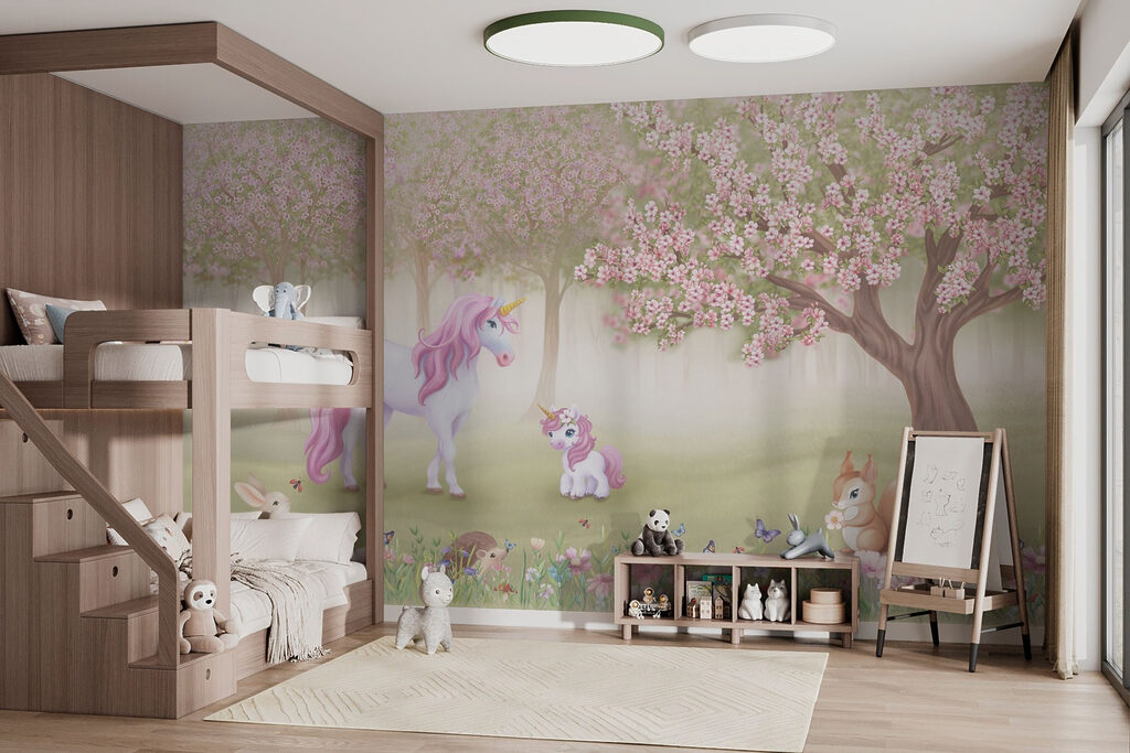Eenhoorns onder roze bloesem — interieur 5