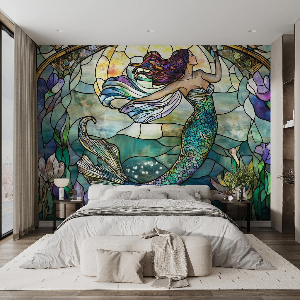 Glas-in-loodraam met een zeemeermin in een interieur