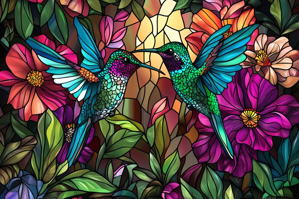 Kolibries tussen kleurige bloemen — volledig ontwerp