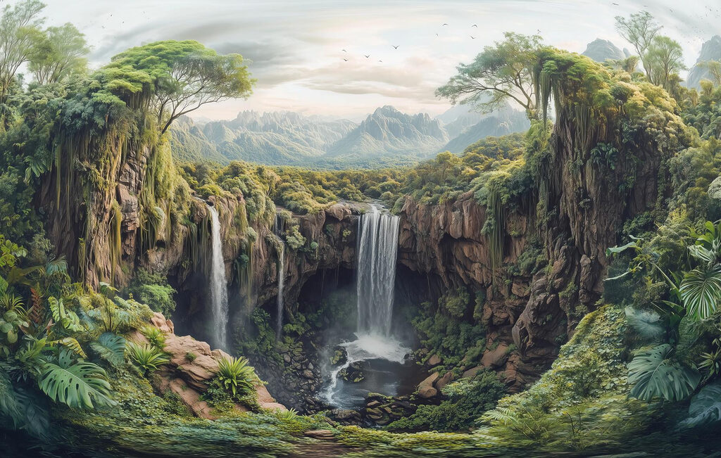 Waterval tussen beboste rotsen — volledig ontwerp