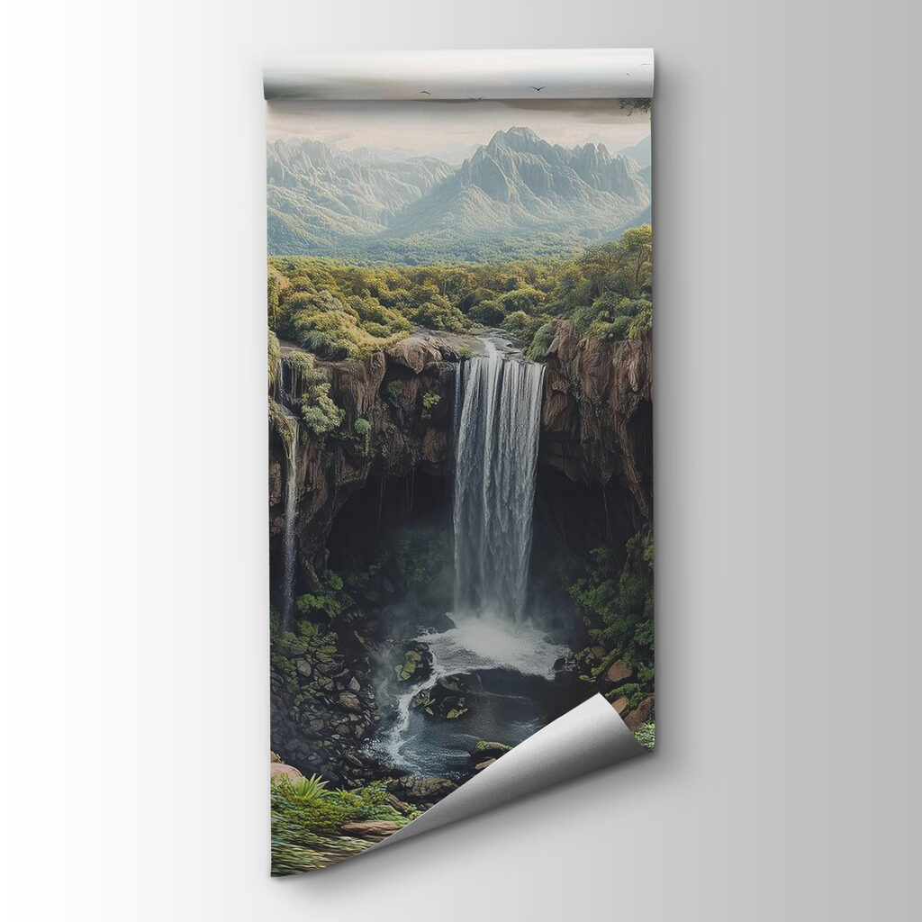 Waterval tussen beboste rotsen — productweergave