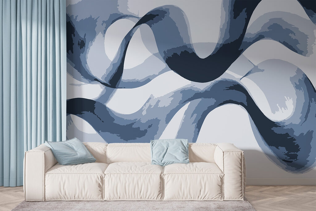 Blauwe en witte swirls in een interieur