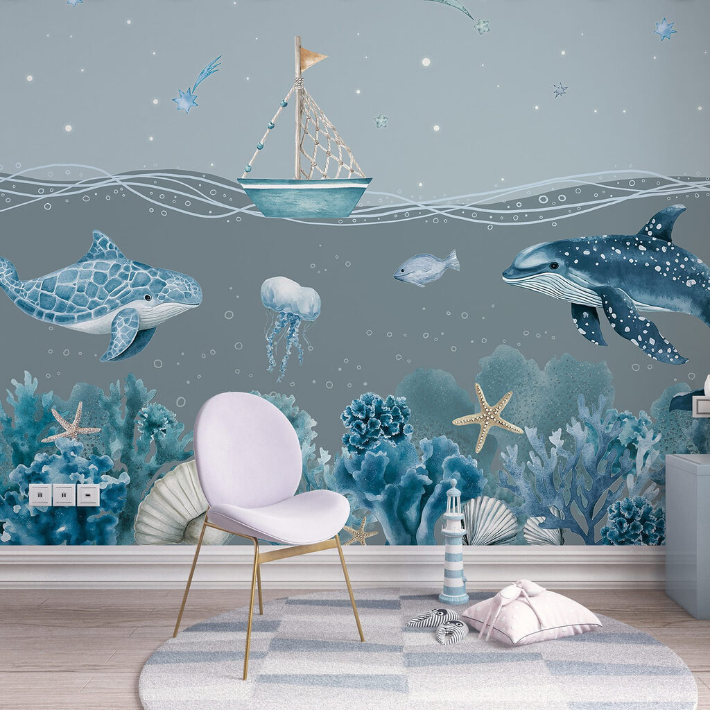 Zeeleven met een boot en vissen in een interieur