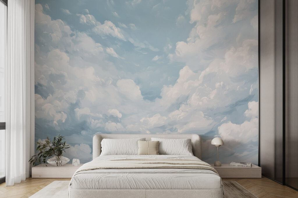 Blauwe lucht met wolken in een interieur