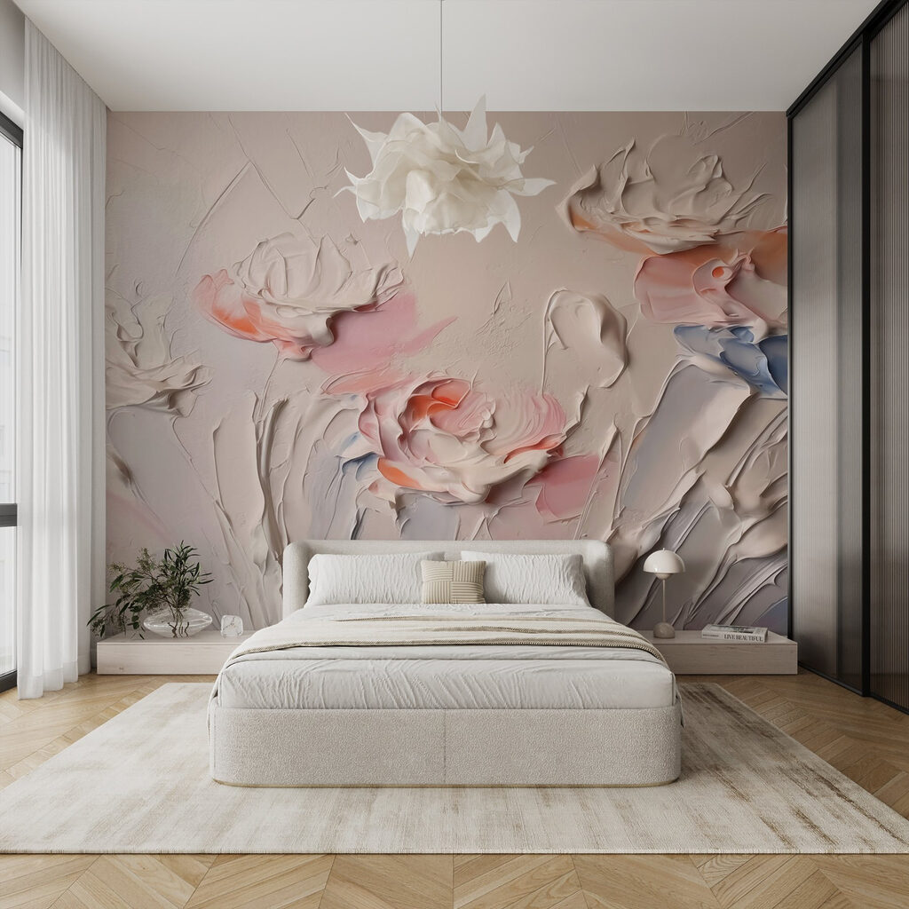 Schilderij van bloemen met witte en roze verf in een interieur